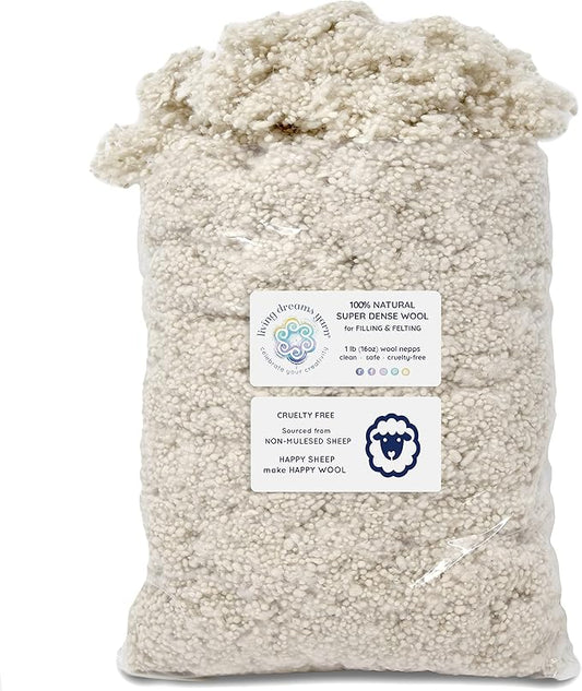 Super Dense Clean Wool Filler for Pillows, Stuffed Animals, Pouf, Pin Cushions, Crafting. 1LB, Natural White Dense