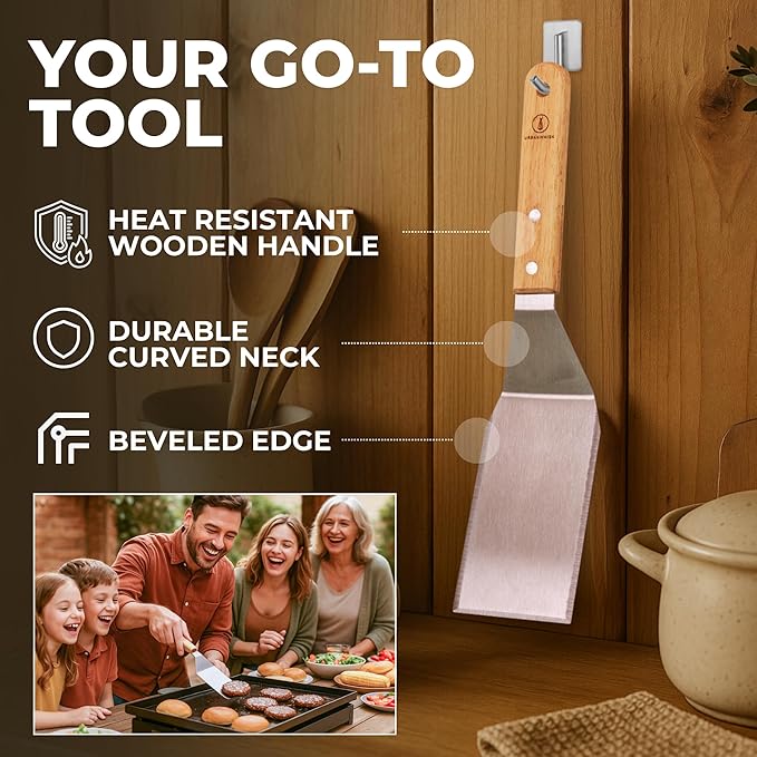 Large Griddle Spatula – Heavy Duty Stainless Steel Grill Spatula - Smash Burger Turner with Heat-Resistant Wooden Handle, Wide Beveled Edge Metal Spatulas for Flat Top, Cast Iron & BBQ
