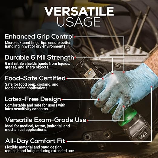 FIRST GLOVE Volt 6 Mil Blue Nitrile Disposable Gloves - 100 Count Large - Food Safe Medical Exam Grade Gloves for Cooking & Cleaning - Latex Free, Powder Free, Textured Grip