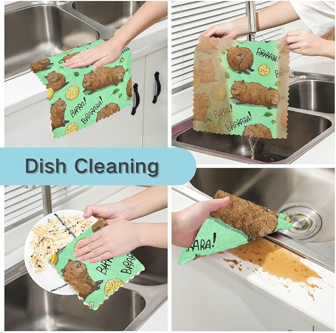 Mint Green Capybara and Lemon Kitchen Towels Dish Cloths Set of 6 Microfiber Cleaning Cloths for Cars Super Absorbent Machine