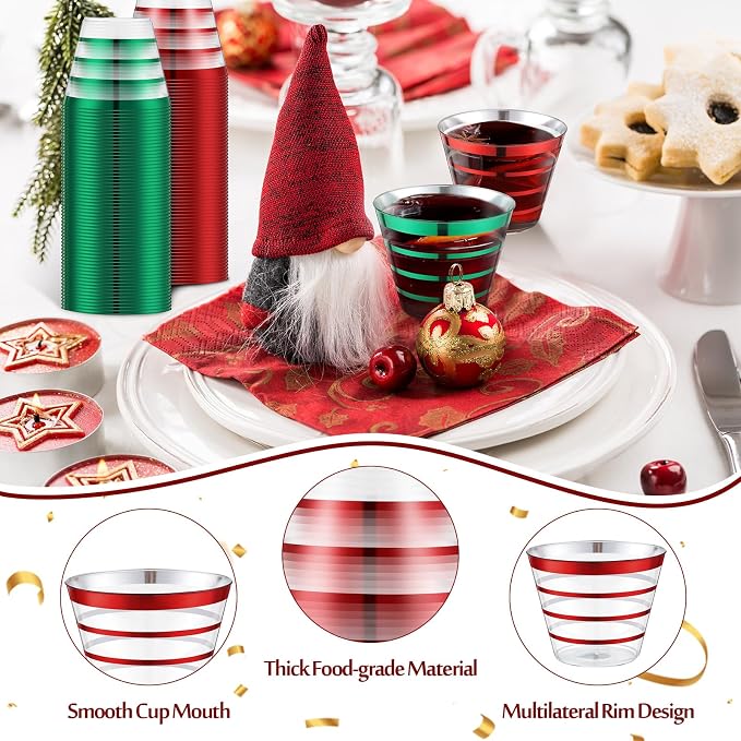 Gejoy 9 oz 200 Pcs Christmas Rimmed Stripe Plastic Cups Bulk Disposable Wine Hard Plastic Drinking Cocktail Cups Tumblers for Wedding Gathering Party Supplies(Red and Green)