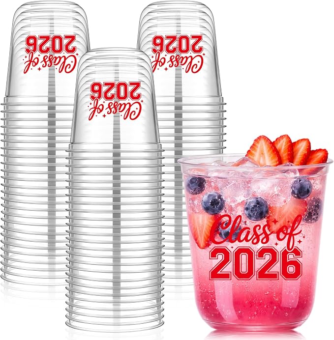 Potchen 50pcs Graduation Cups Class of 2026 12oz Clear Plastic Graduation Party Cups for 2026 Celebration Party Supplies Congrats Grad Tableware Decoration(Red)