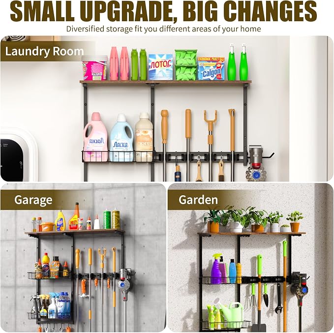 Broom Holder Wall Mount，Mop Rack With Storage Basket,Diversity Laundry Room Cleaning Tool Storage container，Suitable Family Garage Kitchen Organization Wall-Mounted Rack (Black, Medium)