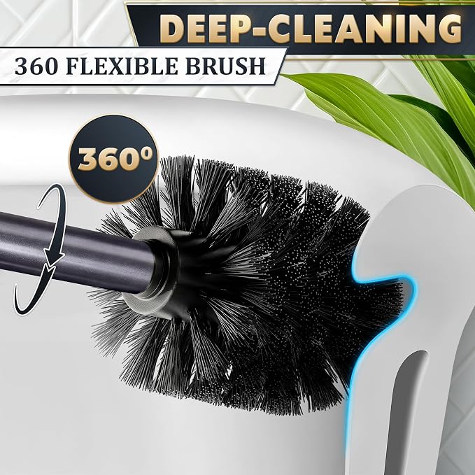 Graphite Metallic Stainless Steel Toilet Brush and Holder Set - Toilet Bowl Brush and Holder with Splash Cover, Sturdy Bristles, Corrosion & Scratch Resistant - Elegant Design, Effective Deep Cleaning