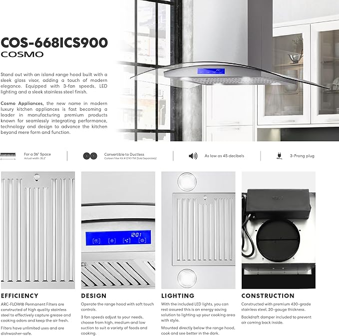 COSMO COS-668ICS900 36 in. Lumin Collection 380 CFM Ducted Island Range Hood, Soft Touch Controls, LED Lights, Stainless Steel