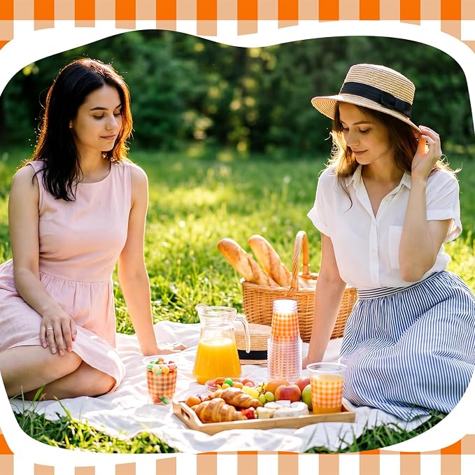Qinyoung Checkered Plastic Cups 12oz Gingham Party Disposable Cups Bulk Drinking Cup for Cold Drinks Baby Shower Wedding Summer Birthday Party Supplies(Orange and White,50 Pcs)
