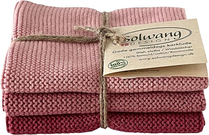 Solwang 3-Piece Danish Cotton Dishcloths in 100% Certified Organic Cotton Made in India (Antique Rose Organic Combi)