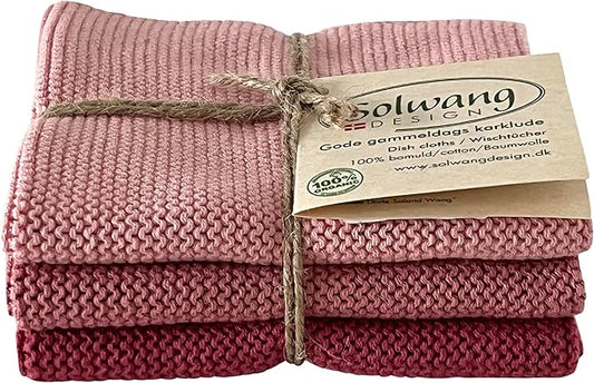 Solwang 3-Piece Danish Cotton Dishcloths in 100% Certified Organic Cotton Made in India (Antique Rose Organic Combi)