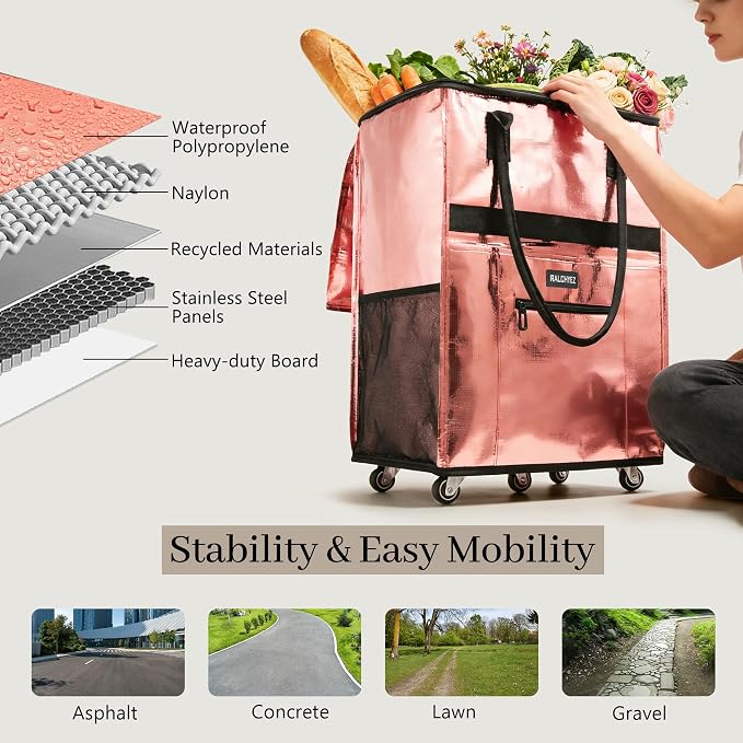 RalChyez Reusable Grocery Bags on Wheels, 67L Rolling Tote Grocery Bag with Handle and Zipper Cover Foldable Shopping Cart Trolley Laundry Basket Bag Black Medium