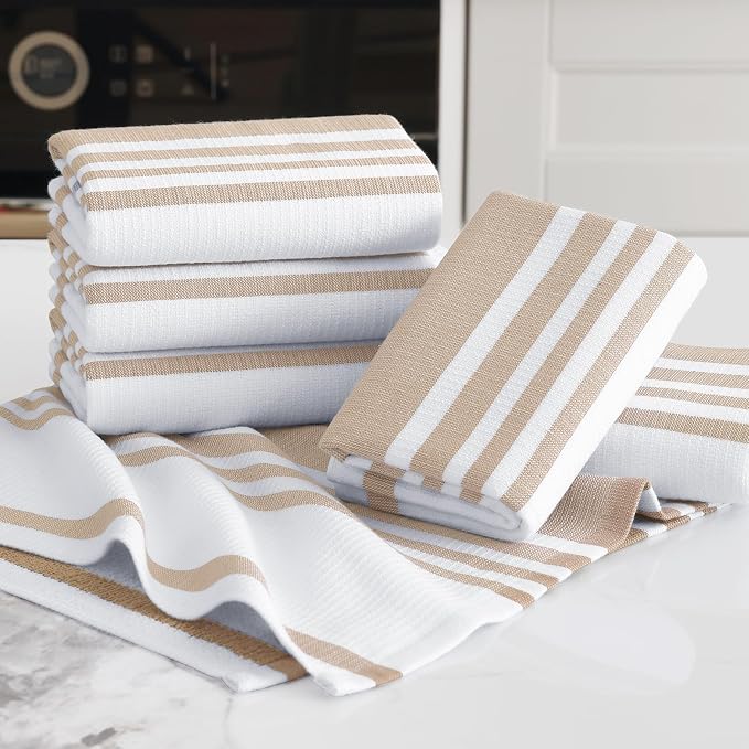 Homaxy Premium Kitchen Towels 18”x 28”, Large Cotton 380 GSM Kitchen Hand Towels, Stripe and Terry Dish Towel, Highly Absorbent Tea Towel Set with Hanging Loop, 3 Pack, Khaki