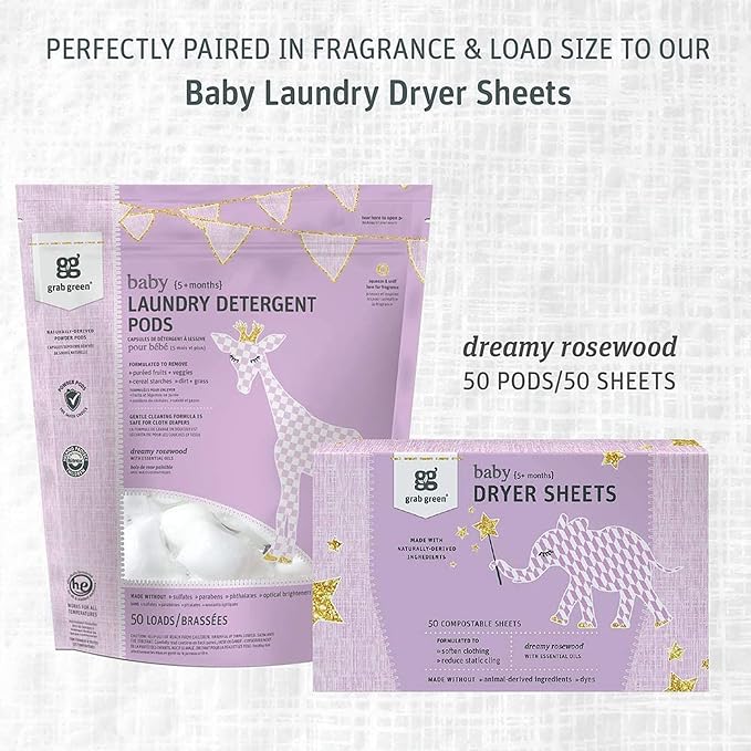 Grab Green Baby Laundry Detergent Pods, 50 Count, Dreamy Rosewood | Plant & Mineral-Based; No Harsh Chemicals; Velcro Closure; Stain Remover; Baby Laundry (5+ months)
