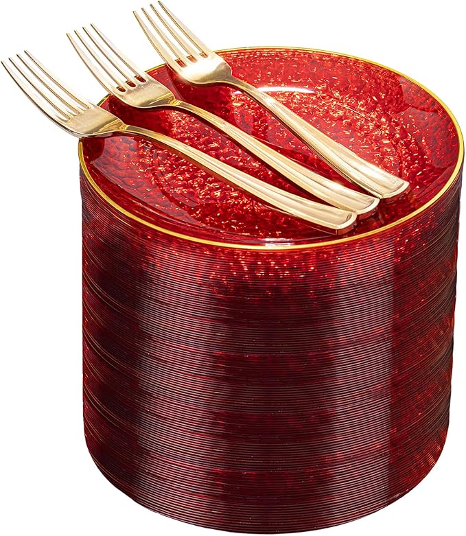 DaYammi 240Pcs Red Plastic Plates Including 120Pcs Red Dessert Plates and 120Pcs Gold Forks,Hammered Party Plate,Appetizer plates Heavy duty Disposable Plastic Plate for Party Wedding Bridal Shower