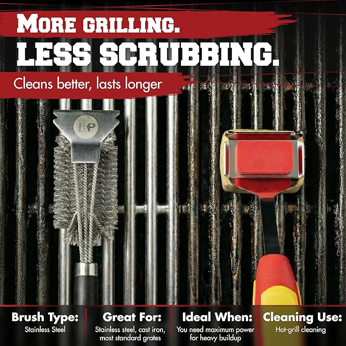 KITCHEN PERFECTION GrillSaver - Safe BBQ Grill Brush for Outdoor Grill with Replaceable Cleaning Head -Heavy-Duty Grill Cleaner with Scraper for All Grates +2 Bonuses -Best Grilling Gifts for Men
