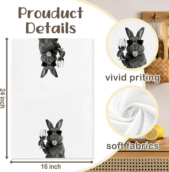 Funny Easter Bunny Wine Coffee Kitchen Towels, Bunny Lovers Gifts Decorative Hand Towels for Kitchen Decor, Rabbit Drink Wine Coffee Dish Tea Towel for Home Bar, 16x24 Inch Set of 2