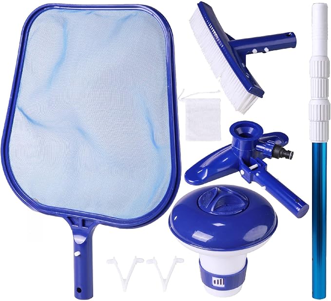 Blue Mano 6 Piece Spa & Pool Cleaning Kit - 10" Vacuum Head, 12" Leaf Skimmer, 10" Pool Brush, 4FT Telescopic Aluminum Pole & Small Chlorine Dispenser - for Spas & Small Pools