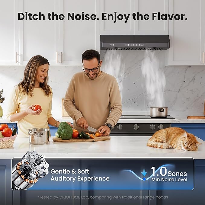 VIKIO HOME Range Hood 30 Inch Under Cabinet, Black Stainless Steel Range Hood With 980 CFM, Three-Speed Gesture & Touch Control, Kitchen Hood With Widened Filter Baffle,Easy Clean Coating,G10 Light