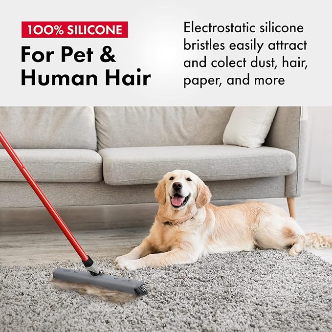 Tyroler 2-in-1 Silicone Broom & Floor Squeegee | 100% Silicone Head 16.1" | Anti-Rust 4-Piece Handle | Perfect Pet Hair Removal Rubber broom for Patio, Floors, Rugs, Carpet Rake, Decks, Indoor/Outdoor