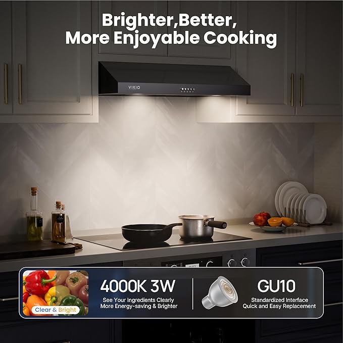VIKIO HOME Under Cabinet Range Hood 30 Inch, 1200 CFM Dual-Motor Kitchen Vent with LED Lights, Button Control, Ducted Stainless Steel Vent Hood, Reusable 5-Layer Aluminum Filters, Black