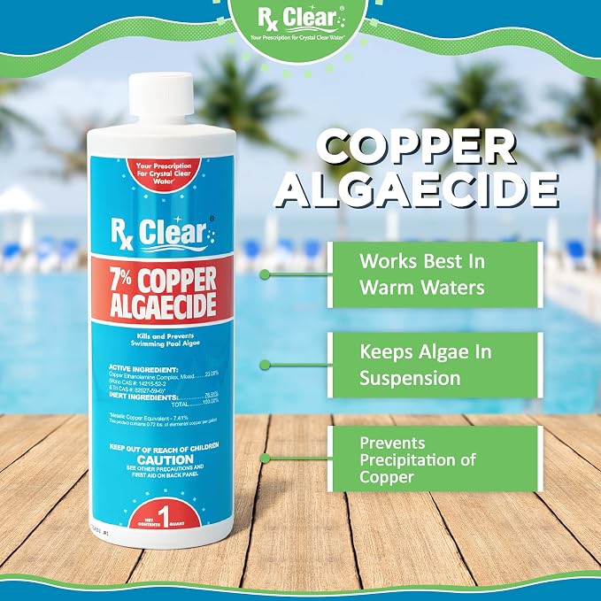 Rx Clear 7% Copper Algaecide | Kills and Prevents Algae for In-Ground and Above Ground Swimming Pools | Safe Formula for Swimmers | One Quart Bottles | Single Pack
