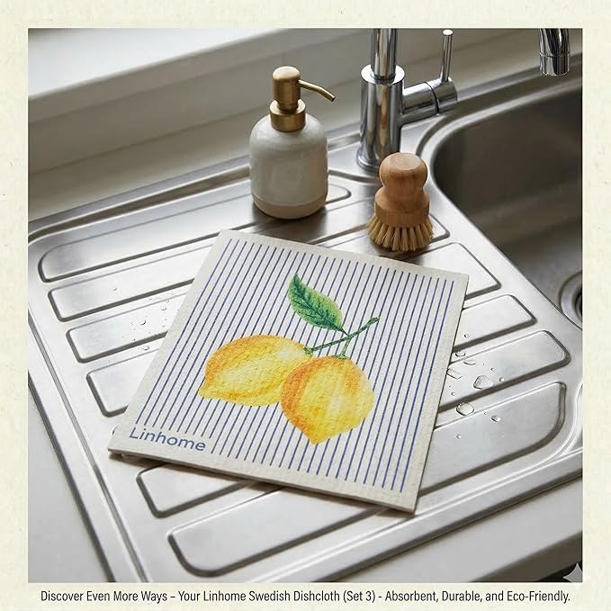 Lemon Collection Swedish Dishcloth, Reusable Paper Towel, Super Absorbent Cellulose Sponge, Kitchen Cleaning Cloth, Washable & Compostable (Lemon Zest Stripe 1 Pack)