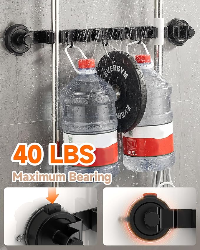 2026 Upgrade Broom Holder Wall Mount with Suction Cup, Broom and Mop Organizer Wall Hanging with 4 Racks & 3 Hooks, Removable and Reusable, Mop and Broom Hanger for Home Kitchen Laundry