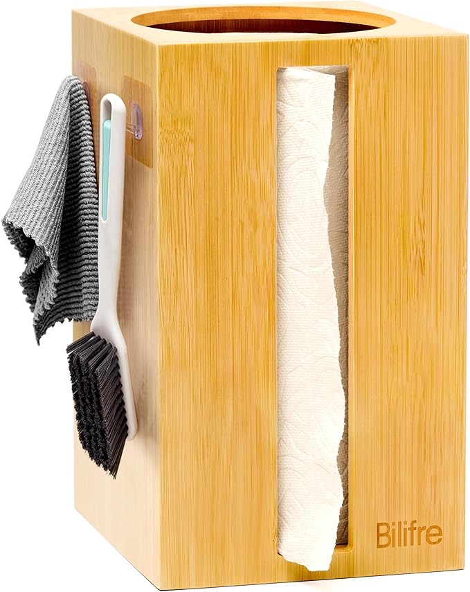 Bamboo Paper Towel Holder with Hooks – One-Hand Tear, Dustproof, No-Drill Adhesive & Wall Mount, Under Cabinet/Countertop Dispenser for Kitchen, Garage & Workshop | Fits Jumbo Roll
