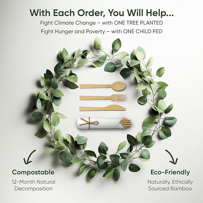 EcoPreps Premium Pre-Rolled Napkin and Bamboo Cutlery Set (50 Pack, 200 PCS) 100% Biodegradable, Eco-Friendly, Disposable Wrapped Cutlery - Includes Pre-Wrapped Bamboo Forks, Knives, Spoons, & Napkins