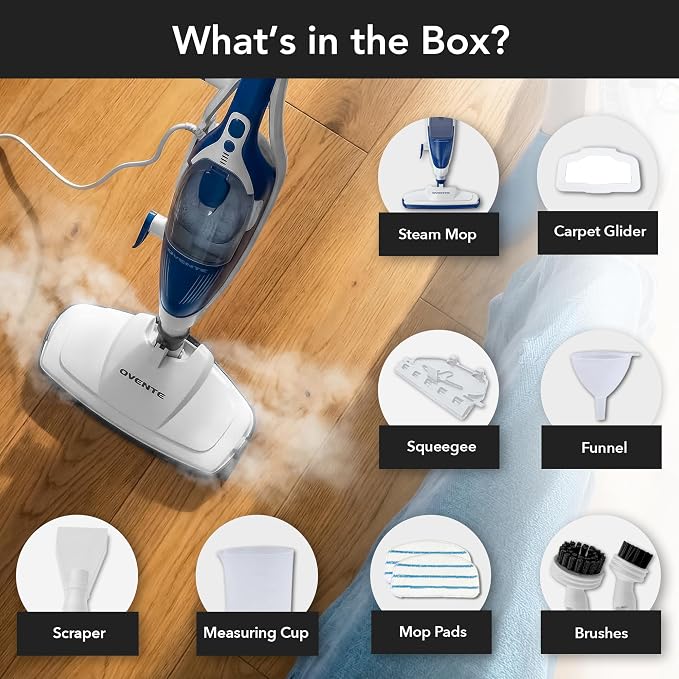 OVENTE 10-in-1 Steam Mop with Detachable Handheld Steamer, Foldable Handle and 400ml Removable Water Tank, MultiPurpose Home Cleaner for Tile Grout, Hardwood Floors, Carpet and Furniture, Blue ST505BL