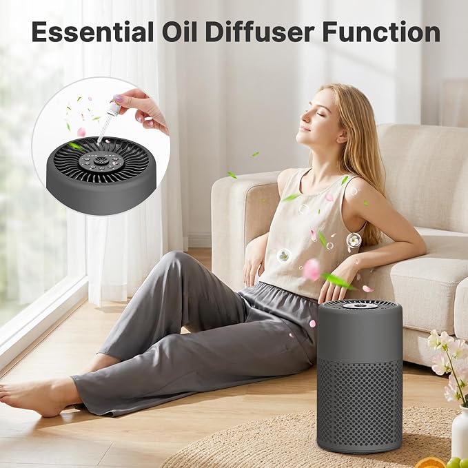 2 Pack Air Purifiers for Bedroom Home, True HEPA Filter for Dust, Smoke, Pet Dander, Small Air Purifier with Sleep Mode for Bedroom Office, Night Light Quiet 24dB, Fragrance Sponge, Dark Gray