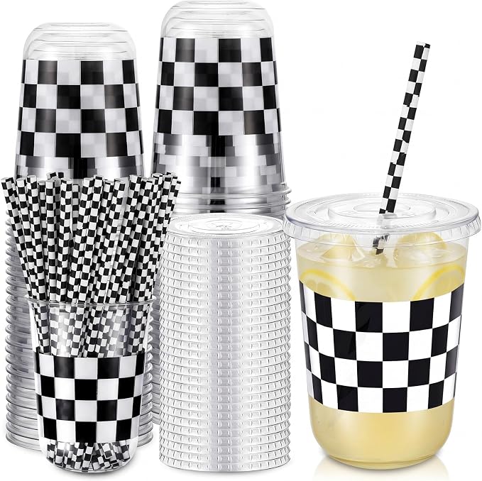 LemonRoad 50sets 16oz Checkered Cups Race Car Birthday Party Decorations Supplies Plastic Cups Disposable with Lids and Straws for Racing Themed Party Christmas Birthday Wedding Baby Shower Decoration