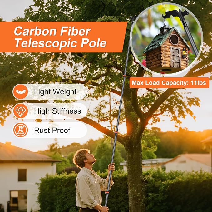 Carbon Fiber Extension Pole with Utility Hook, 3.5-12FT Multi-Purpose Telescoping Paint Pole, Heavy Duty Extendable Pole for Painters, Cleaning & Christmas Decorations, No Ladder Needed