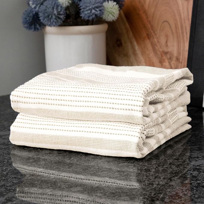 T-Fal Premium Dual-Sided Skipping Striped Kitchen Towels (2-Pack), 18" x 28", Highly Absorbent, Long-Lasting, Reversable 100% Flat-Weave Cotton Dish Towels, Hand Towels, Bar Towels, Toast