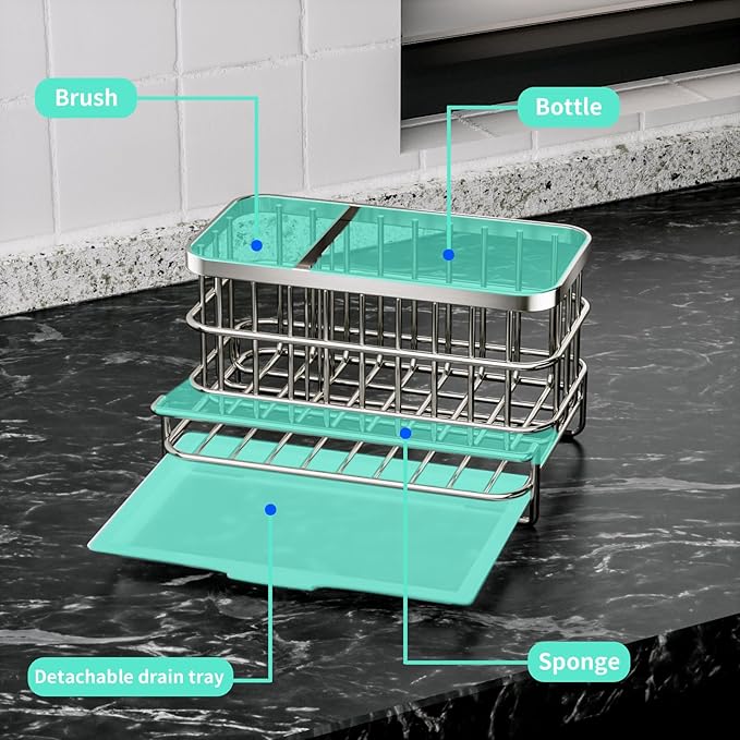 HapiRm Multifunctional Kitchen Sink Caddy with Drain Tray + Rustproof & Waterproof Sponge Holder for Kitchen Sink - Silver, Black