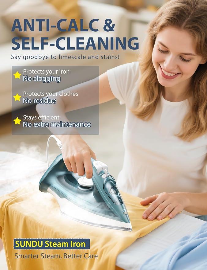Sundu Steam Iron for Clothes with Rapid Heating Ceramic Coated Soleplate, 1500W with Precise Thermostat Dial, Self-Cleaning, Auto-Off, 44oz Water Tank for Home Clothes Ironing Use Green