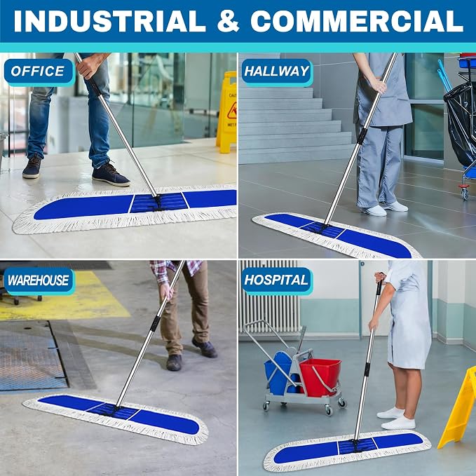 48 inch Commercial Dust Mop for Hardwood Floors, Large Size Dry Mop, Reusable Cotton Yarn Head, Telescopic Stainless Steel Handle, Industrial dust mops for Floor Cleaning, Marble, Blue