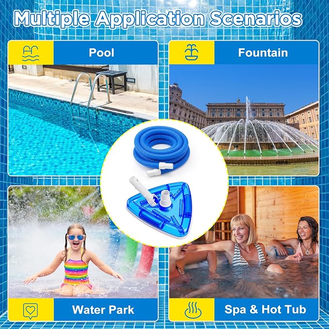 Qinyoung 3 Pcs Swimming Pond Cleaning Kit, 1-1/4 Inch x 18 ft Pool Vacuum Hose with Swivel Cuff Triangular Weighted Pool Vacuum Head Connect 1-1/4" or 1-1/2" Hose and 4 ft 4-Section Telescopic Pole