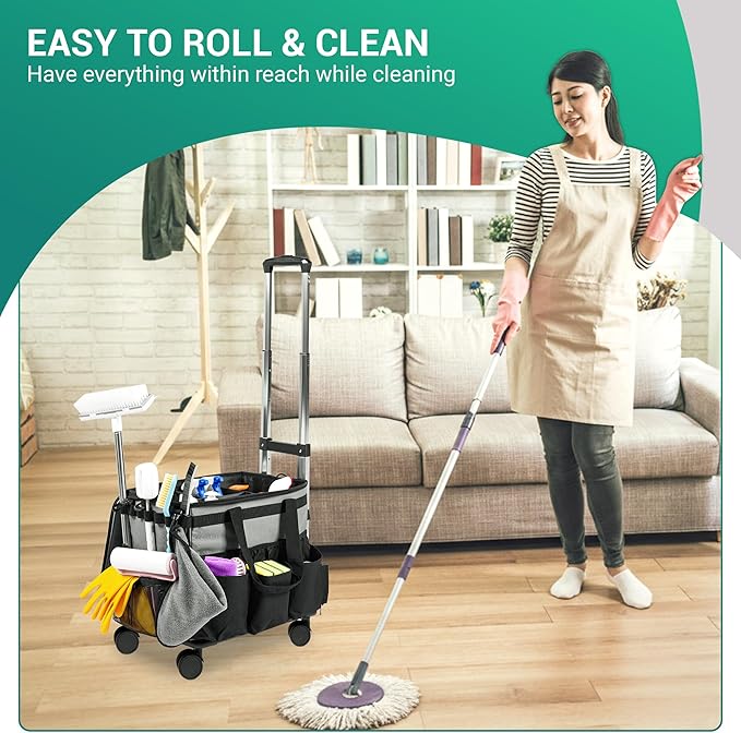 Large Rolling Cleaning Caddy Bag w/Detachable Trolley & Lid - Portable Cleaning Cart on Wheels w/Shoulder Strap & Waist Pouch - Cleaning Supplies & Tool Organizer for Home, Office, Car (Gray)
