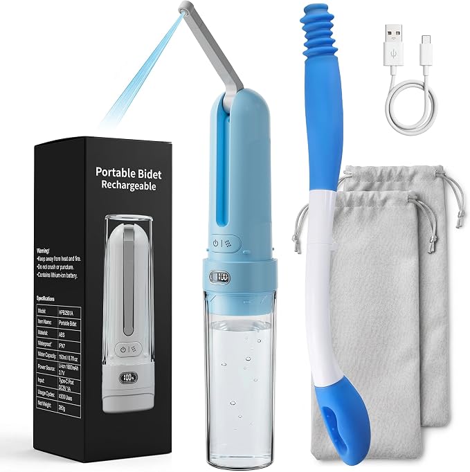 Electric Portable Bidet Toilet Aids Wiper Tool Set, SkyBlue | 2-in-1 travel hygiene kit 15.7" extended length wiping tools 1600mAh Long-lasting Battery USB-C Rechargable IPX7 Waterproof