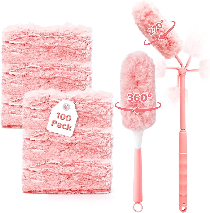 360° Dusters Refills for Cleaning - 100 Count Disposable Feather Duster Kit with 2 Handles, Multi-Surface Microfiber Feather Dusting Cleaner for Furniture Blinds Windows Ceiling Fans (Pink)