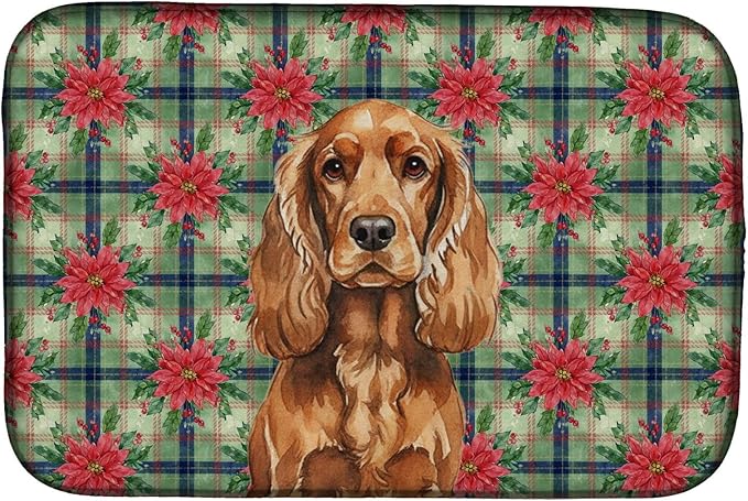 Caroline's Treasures Red English Cocker Spaniel Christmas PoinsettIas Dish Drying Mat Absorbent Dish Drying Mat Pad for Kitchen Counter Dish Drainer Mat for Countertop, 14 x 21", Multicolor