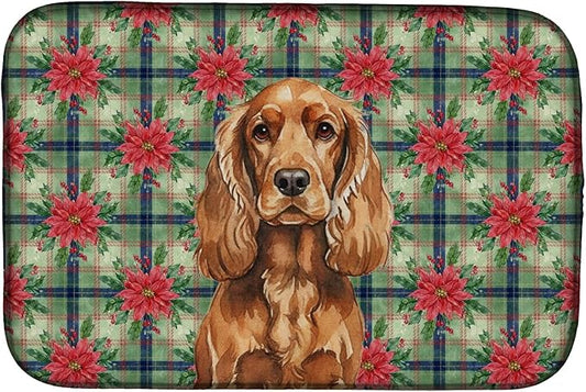 Caroline's Treasures Red English Cocker Spaniel Christmas PoinsettIas Dish Drying Mat Absorbent Dish Drying Mat Pad for Kitchen Counter Dish Drainer Mat for Countertop, 14 x 21", Multicolor