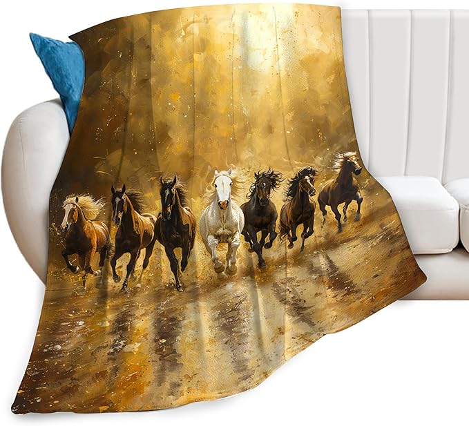 Horse Blanket 7 Lucky Running Wild Horses Decor Throw Blanket Comfy Plush Flannel Fleece Warm Soft Fluffy Fuzzy Blanket Western White Horse Gifts for Girls Boys Women Teens for Bed Sofa Couch 40"X50"
