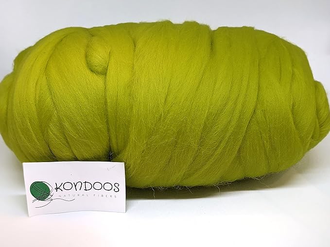 Kondoos Colored Natural Wool roving, 1 lb. Best Wool for Needle Felting, Wet Felting, handcrafts and Spinning. (Green Lime, 1 lb)