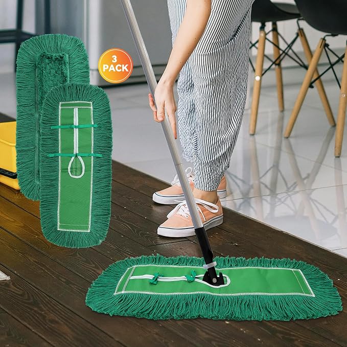 24 Inch Dust Mop Head: Replacement Medium Washable Commercial Mop Head Sweeper and Janitorial Replacement Green (Green - 24 Inch, 3 Pack)