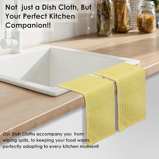 Dual Waffle Weave Dish Cloth, 12 Pack, 12x12 Inch, 100% Cotton, Reversible, Super Absorbent, Quick Dry, Soft for Cleaning, Durable Dishcloth Set, Hand Dish Rag, Lemon Yellow