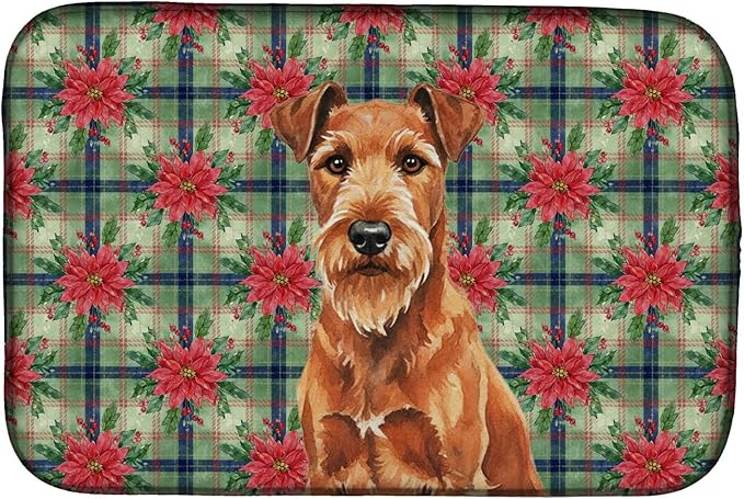 Caroline's Treasures Irish Terrier Christmas PoinsettIas Dish Drying Mat Absorbent Dish Drying Mat Pad for Kitchen Counter Dish Drainer Mat for Countertop, 14 x 21", Multicolor