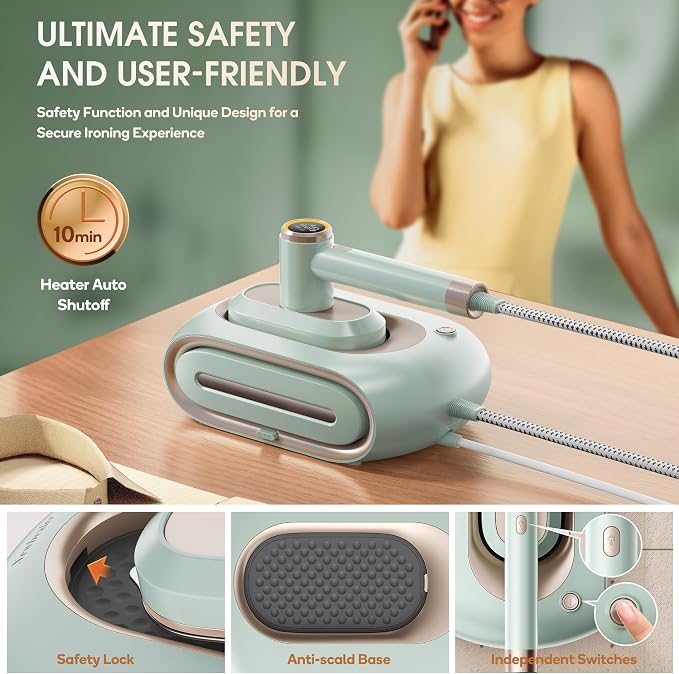 Newbealer 2In1 Pro Station Iron, 1550W Turbo Steam, 1.2L Tank (Green) | Hanging Garment Steamer, 3-Level Steam & 3 Dry Ironing, 30s Heat Up, Self Clean, Auto-Off, Versatile for Home/Hotel/Boutique