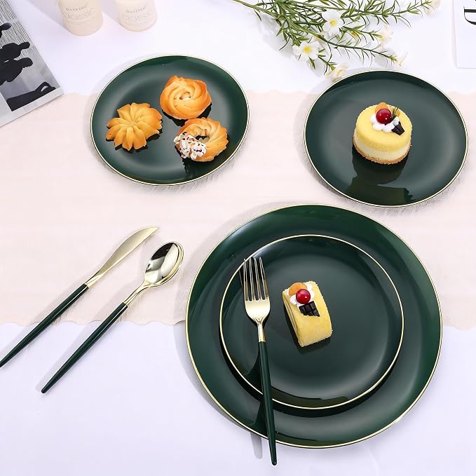 Goodluck 150 PCS Green Gold Plastic Silverware Set for 50 Guests,50 Knives, 50 Forks and 50 Spoons, Food-grade material free of BPA, Gold Plastic Cutlery Ideal for Weddings, Birthdays, Graduation