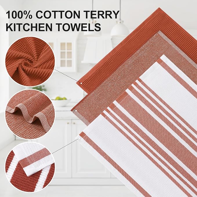 Homaxy Premium Kitchen Towels(18”x 28”, 12 Pack), Large Cotton 380 GSM Kitchen Hand Towels, Soft and Absorbent Terry Dish Towels, Multipurpose Tea Towel Set with Hanging Loop, Rust