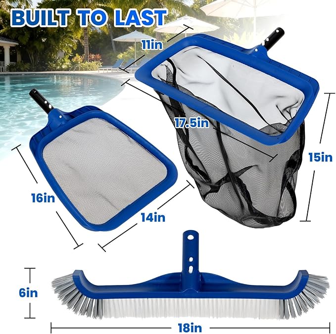 POOLAZ Pool Cleaning Kit, 3 in 1 Pool Net Skimmer & Pool Brush Head for Inground Pools & Above Ground Pools, Durable Pool Skimmer Nets & Pool Brush Compatible with Standard Pool Pole